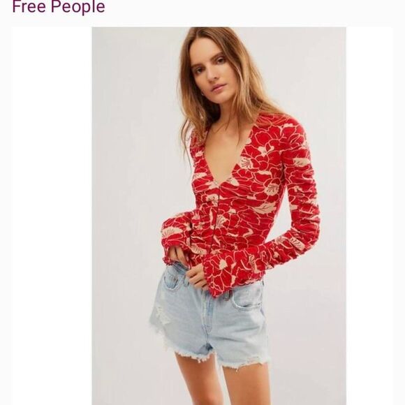 Free People Through the Meadow Red Mesh Top Small Long Sleeves V-Neck - Picture 1 of 8